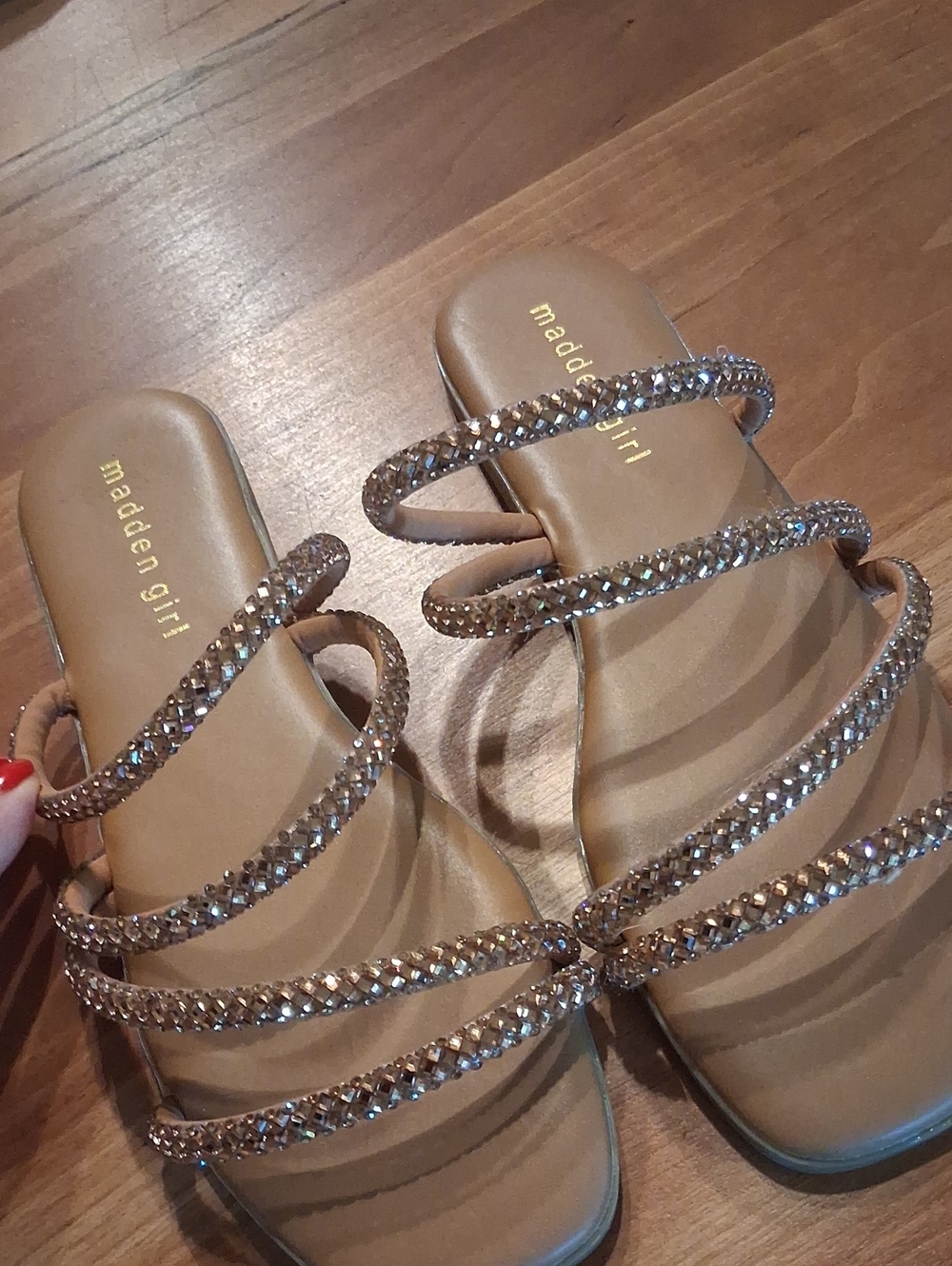 New Madden Girl Tan Gold Jeweled Strappy Slide Sandals